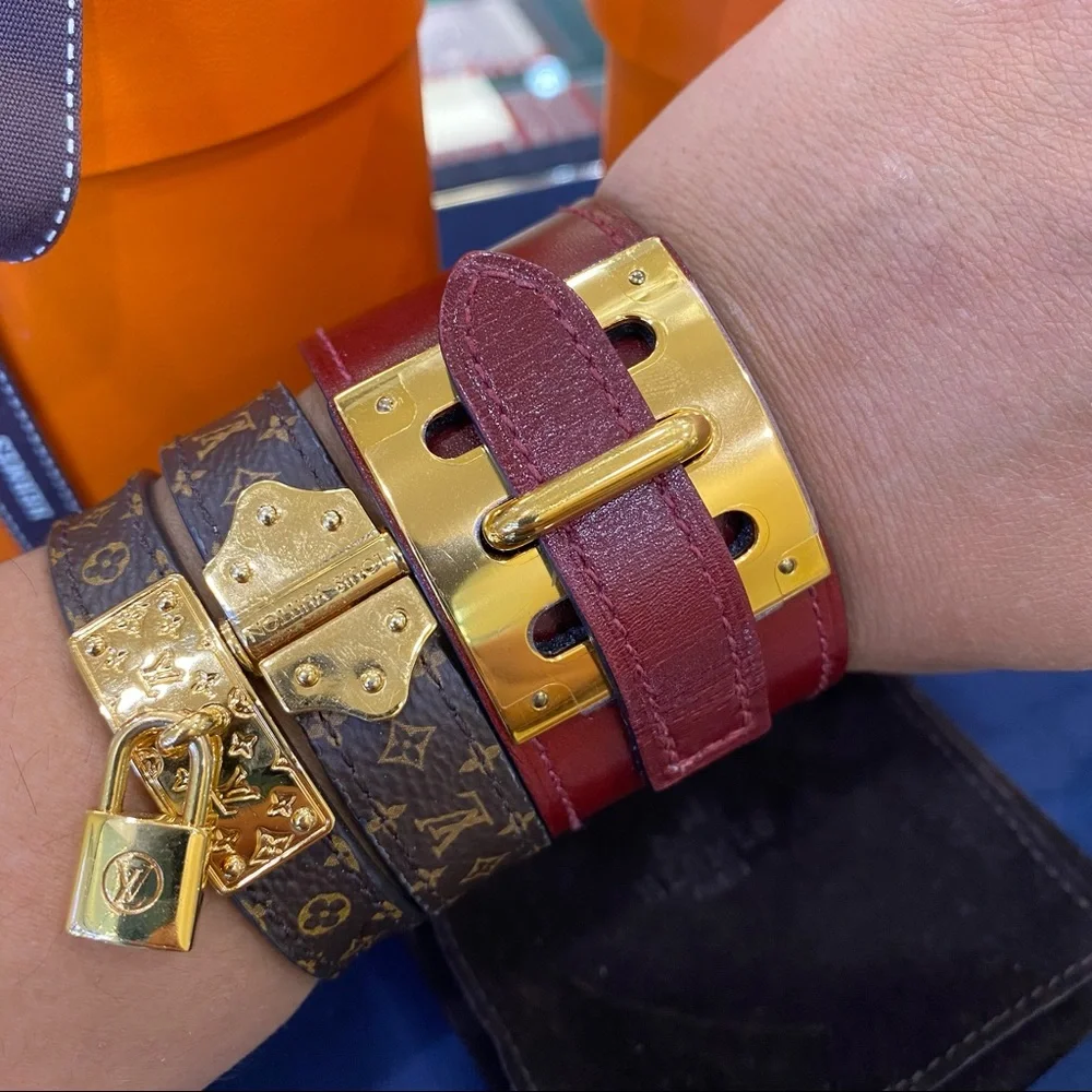 HERMES Rouge H Box Leather Gold Plated Intense cuff Bracelet Small - Picture 9 of 12